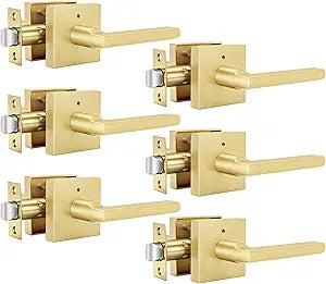 Goldenwarm Gold Door Handles Interior Privacy, Brushed Gold Door Handles, Square Door Levers Interior for Bathroom Bedroom (6 Pack)