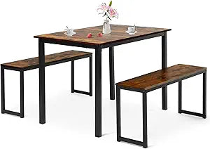 COSTWAY 3 PCS Dining Table Set for 4, Rectangular Kitchen Table with 2 Benches, Industrial Counter Height Table Set with Anti-Slip Pads, Heavy Duty Steel Frame for Dining Room, Kitchen, Bar (Coffee)