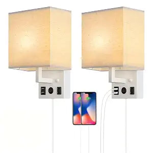 BTY Bedside Wall Lamps Set of 2 Plug in Wall Sconces Wall Lighting with Dual USB Charging Ports and AC Outlet Modern Wall Lamp with Plug in Cord Wall Lights for Bedroom Living Room (2 Bulbs Included)