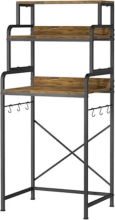 4-Tier Mini Fridge Stand with Storage, Over Fridge Shelf and Microwave Stand with Side Hooks, Freestanding Kitchen Storage Rack, Rustic Brown Dorm Room Organizer for Apartment, Coffee Bar