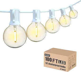 Achin Outdoor String Lights 100FT G40 Globe Patio Lights Outdoor Waterproof with 50+2 Shatterproof LED Bulbs 2700K Dimmable String Lights for Outside Backyard Party Wedding, White Wire