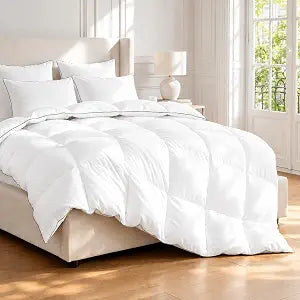 Feather Down Comforter Queen Size,Premium Fluffy All-Season White Bedding Comforter with 8 Tabs,Organic Cotton Fabric Duvet Insert,RDS & Oeko-TEX,Box-Stitch, Machine Washable