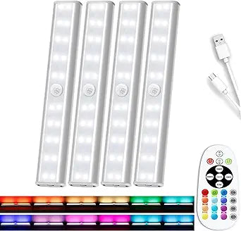 Under Cabinet Light Wireless with Remote, 15 Color RGB Magnetic Led Light Bar, 48-LED Rechargeable Closet Lights, 3 Timer & 4 Modes, LED Under Lighting for Kitchen, Pantry, Bedroom, Stairs (4 Pack)