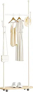 Rolling Clothing Rack with Wheels,Freestanding Garment Stand Featuring a Hanging Bar, Side Cactus-Shaped Hooks, Portable Coat Rack Ideal for Entryways, Bedrooms, or Laundry Rooms (White)