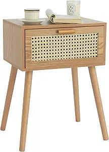 AWASEN Mid Century Nightstand, Rattan Side Table with Drawer, Modern Bedside Table with Storage and Solid Wood Legs for Living Room, Bedroom and Small Space (Brown)
