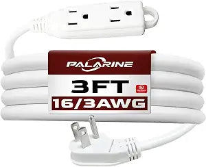 3 Ft White Flat Plug Extension Cord with 3 Outlets, 16 Gauge Heavy Duty