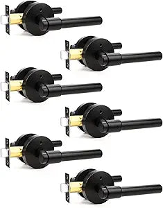 Black Interior Door Handle 6 Pack, Privacy Door Lever with Lock, Keyless Bathroom Door Lockset, Heavy Duty Reversible Round Handle