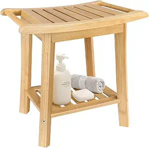 BFTOU 2-Tier Bamboo Shower Bench Small Shower Stool with Storage Shelf SPA Bathtub Shower Chair for Living Room Bedroom Bathroom, Natural