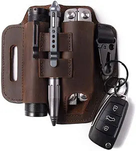 Gentlestache Multitool Belt Sheath, EDC Leather Belt Organizer, Belt Holder with Multitool Pouch, Flashlight Holder, Pen Holder and Keychain Clip, Practical EDC Belt Pouch for Men