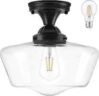 Black Schoolhouse Light Fixture 12" Mid Century Light Fixture Schoolhouse Light Fixtures Ceiling Clear Glass Semi Flush Mount Ceiling Lights for Bedroom Bathroom Kitchen(Bulb Incl.)