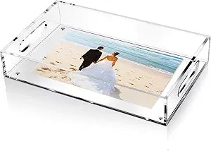 1 Pcs Acrylic Serving Tray with Magnetic Mat customizable for Photos Artworks Clear Tray for Gifting and Serving Spill Proof Countertop Organizer for Bathroom Home Office (11" X 16.5")