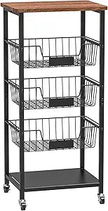Hastatii Kitchen Storage Cart, Kitchen Basket, 5-Tier Utility Organizer with Baskets and Wood Top, Rolling Snack Cart with Wheels, Metal Black