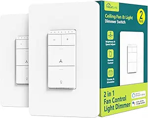 TREATLIFE Smart Ceiling Fan Control and Dimmer Light Switch 2Pack, Neutral Wire Needed, 2.4GHz Single Pole Wi-Fi Fan Light Switch Combo Works with Alexa, Google Home and SmartThings, Remote Control