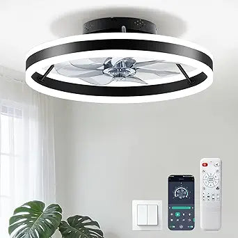 Ceiling Fans with Lights and Remote, 20" Low Profile Flush Mount Ceiling Fan, Pre-Assembled Design, Quiet DC Motor, 6 Wind Speeds, Dimmable 2700-6500K LED Light, Modern Ceiling Fan for Bedroom (Black)