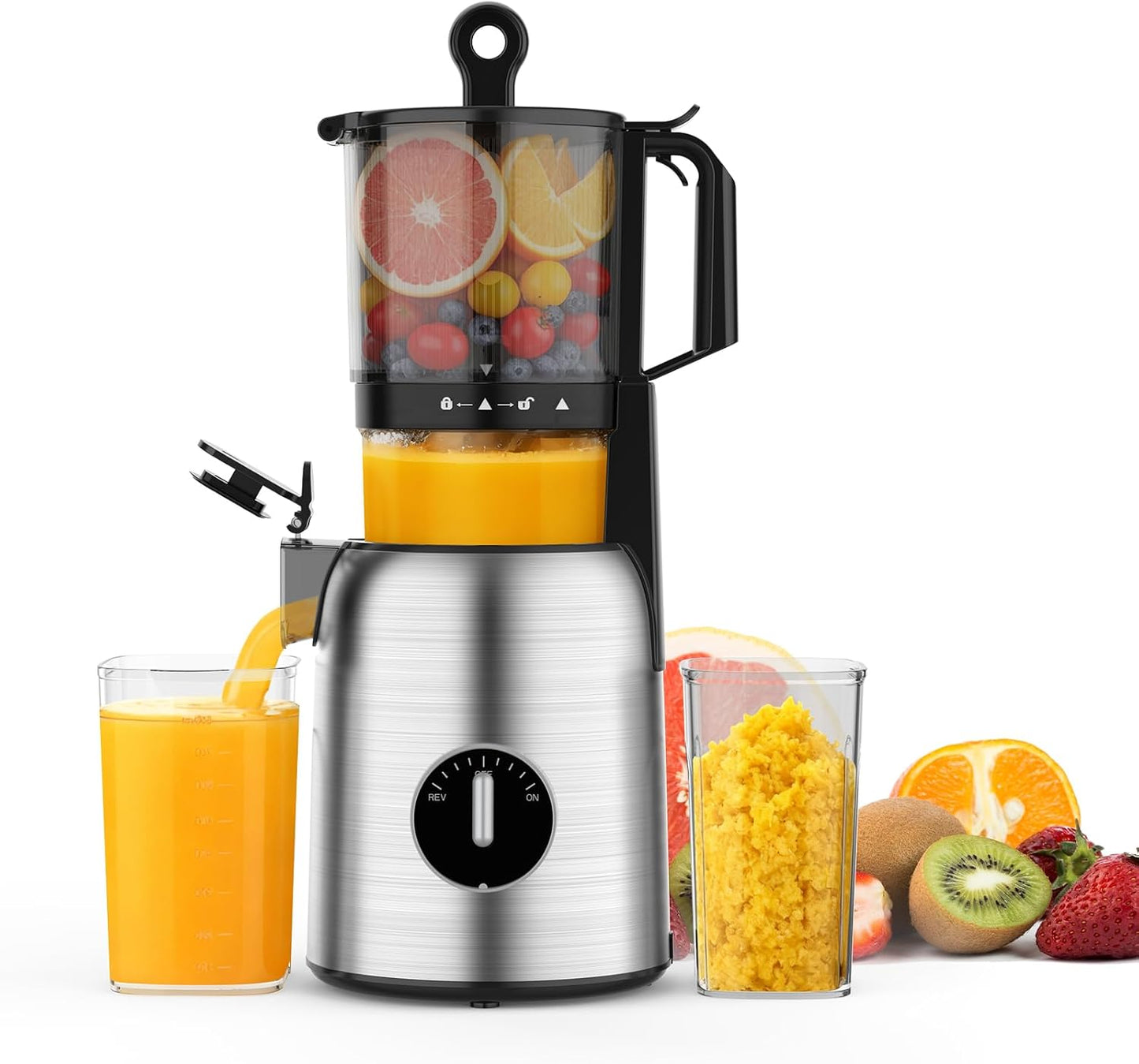 Kismile 300W Cold Press Juicer, 5.4" Wide Feed Chute, Slow Masticating Juicer Machines Vegetable and Fruit, Electric Juicers Juice Maker with Reverse Function, Stainless Steel Juicer Easy to Clean