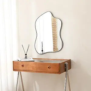 Irregular Wall Mirror Black Wave Shaped Metal Framed Wall Mirror for Bathroom Bedroom Entryway Living Room Wall Decor 34" L x 25.5" W 2302B