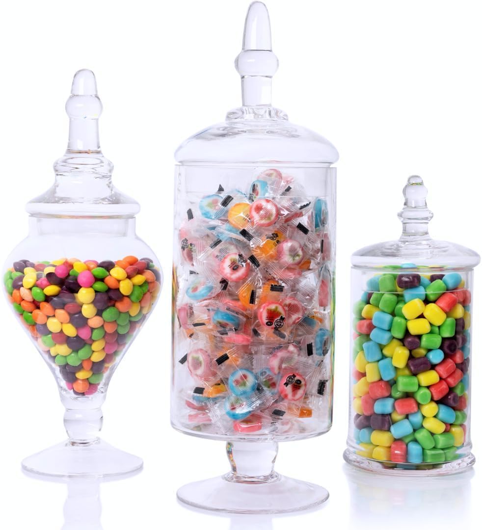 Mantello Glass Apothecary Jars with Lids - Set of 3 for Candy Buffet, Bathroom, Kitchen, Large