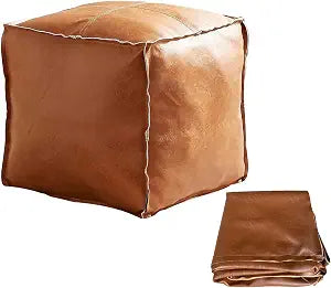 Unstuffed Faux Leather Square Pouf Ottoman Cover, Brown