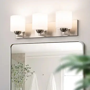 mirrea 22-inch 3-Light Brushed Nickel Vanity Light Fixture for Mirror, Bathroom Wall Sconce with Frosted White Glass Shades