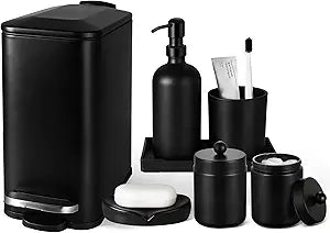 Black Bathroom Accessories Set, 7 Pcs Matte Black Bathroom Accessory Set with Trash Can, Soap Dispenser, Toothbrush Holder, Soap Dish, Vanity Tray, Qtip Holder, Modern Bathroom Sets Complete Decor