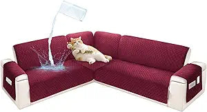 Sectional Couch Covers for Dogs 100% Waterproof Corner L Shaped Sofa Cover Pet Friendly Velvet Washable Anti Slip L Shape Modular Sofa Slipcover Protector with Pockets (Red, X-Large)