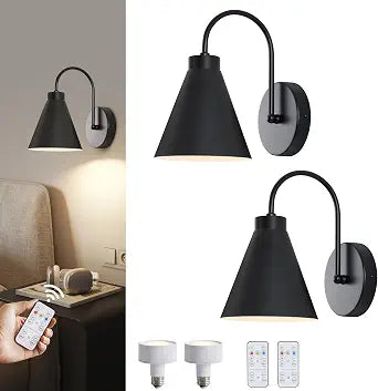 Powfloven Vintage Rechargeable Wall Sconces Set of 2, Black Battery Operated Bedside Wall Lamps with Remote, Wireless Gooseneck Indoor LED Lights Fixture for Bedroom Hallway