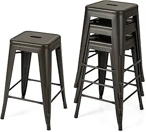 Giantex Metal Backless Bar Stools Set of 4, 24" Industrial Counter Height Bar Stools w/Cut-Out Handle, Footrest, Rubber Foot Pads, Stackable Barstools for Kitchen Island, Dining Room, Charcoal Grey