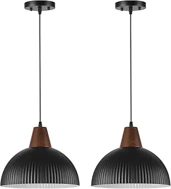 Black Pendant Lights Kitchen Island 2 Pack, 11.8" Farmhouse Pendant Lighting Metal Solid Wood Dome Hanging Light for Dining Room Bedroom Bar Sink