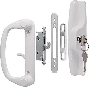 Sliding Glass Patio Door Handle Replacement Set with Key Cylinder and Mortise Lock 45 Keyway Pull Handles, Fits 3-15/16" Hole Spacing, 1-1/4" to 2" Thick Doors, Non-Handed, White