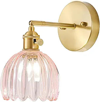 Hardwired Wall Sconce Light, Vintage Wall Sconce with Switch, Gold Wall Light Fixture with Tulip Pink Glass Lampshade, Indoor Wall Light for Bedroom Bathroom, Bedside Wall Lamp
