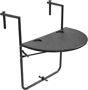 Folding Balcony Hanging Table - Outdoor Railing Bar Serving Table, 3 Adjustable Height/Maintenance-Free Material, Suitable for Patio, Garden and Deck(Black Wicker Style)