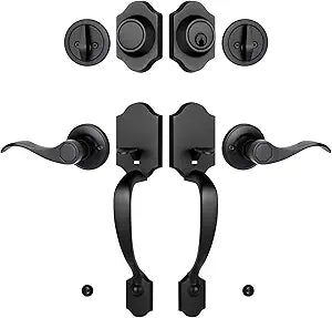 Double Front Door Handle Set with Dummy and Deadbolt, Entry Front Door Lock Set with Classic Half Grip Curved Door Handle for Exterior Doors or Office, Matte Black