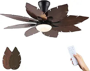 52'' Palm Leaf Ceiling Fans with Lights,Handmade Wooden Dual Fan Blades,Tropical Ceiling Fans with Remote,22W 3 Color LED Light, DC Reversible Motor, Low Profile Ceiling Fan for Patio, Living room