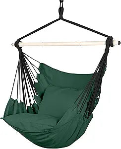 Highwild Hammock Chair Hanging Rope Swing - Max 500 Lbs - 2 Cushions Included - Steel Spreader Bar with Anti-Slip Rings - for Any Indoor or Outdoor Spaces (D- Cushions Included-Green)