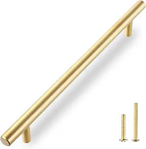 QOGRISUN 2-Pack Solid Brass Cabinet Pulls, Gold Long Drawer Handles, 10 Inch Hole Center for Large Kitchen Cabinets, Cupboard, Dresser, Wardrobe Closet Door, Brushed Brass Finish