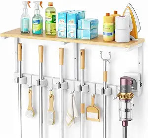 Upgraded Broom Holder Wall Mount with Shelf, Mop and Broom Organizer Wall Hanging, Cleaning Supplies Organizer with 5 Grippers, 4 Hooks and Vacuum Holder for Laundry Room, Garage, Kitchen