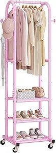 Dttwacoyh Hall Tree with Wheels and Hanging Hooks, Entryway Clothing Rack with Shoe Shelves,Pink Decorative Freestanding Metal Garment Rack Suitable for Hallway,Bedroom and Bathroom Pink