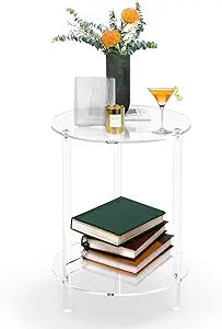 CHONOVO Clear Acrylic Round Side Table for Small Spaces, Acrylic Clear Coffee/End/Bedside Table,2-Tier Acrylic Nightsand/Furniture for Living Room, Bedroom, Bathroom, Garden, Office