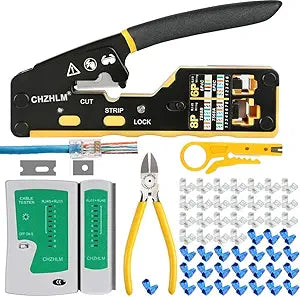 RJ45 Crimping Tool Kit Rj45 Crimper Stripper Cutter All-in-One Pass Through Crimper for 8P RJ45 Cat5 Cat5e Cat6 Cat6a 6P RJ11/12 Telephone Connectors With 50Pcs Connectors 50Pcs Covers Mini Stripper