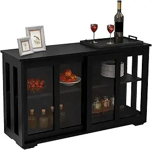 HomVent Kitchen Storage Sideboard Cabinet Buffet Cupboard, Wooden Console Table, Antique Black Buffet Sideboard with Sliding Door and Adjustable Shelf for Kitchen, Dining Room, Living Room