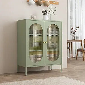 Modern Sideboard Buffet Cabinet, 3 Tiers Coffee Bar Cabinet Kitchen Pantry Metal Accent Cabinets with 2 Doors and Shelf for Living Room Dining Room (Creamy Green)