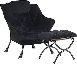 Plush Black Lazy Chair with Ottoman, Large Contemporary Accent Chair with Side Pocket, Modern Leisure Upholstered Reading Armchair with Footrest for Office, Bedroom, Living Room, Balcony