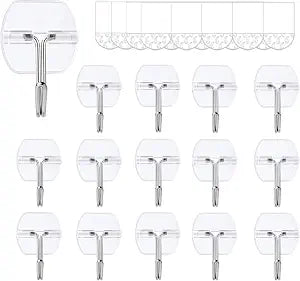 15 Small Clear Wall Hooks for Hanging, with 20 Adhesive Strips, Value Pack