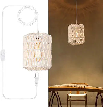 Plug in Pendant Light, Rattan Hanging Lights with Plug in Cord 15ft Dimmable Cord, Hand Woven Wicker Lampshade Hanging Lamp, Boho Plug in Hanging Ceiling Light Fixture for Farmhouse Bedroom White