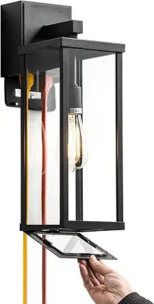 mirrea 18" Classic Outdoor Wall Sconce with Built-in GFCI Outlet 1 Light in Matte Black Rectangular Metal Frame and Clear Glass Shade Waterproof Porch Light Patio Light