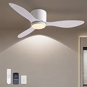 LUDOMIDE Ceiling Fans with Lights,42 Inch Low Profile Ceiling Fan with Wall Control and Remote Control,Dimmable,Flush Mount Ceiling Fan with Noiseless DC Reversible Motor for Bedroom Indoor Use