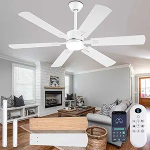 FUMLTP 56inch Modern White Ceiling Fans with Lights and Remote/App Control, Dimmable LED, Reversible DC Motor, Noiseless, 6 Double-Side Blade Low Profile Ceiling Fan for Livingroom Indoor/Outdoor Use