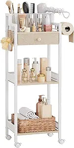 3 Tier Bathroom Shelf with Drawer, 12.8in Large Floor Makeup Organizers Cosmetics Display Cases Holder for Hair Tool, Skincare, Kitchen, Bathroom, Laundry Room Organization