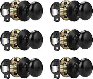 Probrico Keyless Privacy Door Knobs 6 Pack, Black Door Knob Interior for Bedroom Bathroom, Door Handles with Solid Adjsutable Latch, Universible Door Handles with Flat Ball Knob