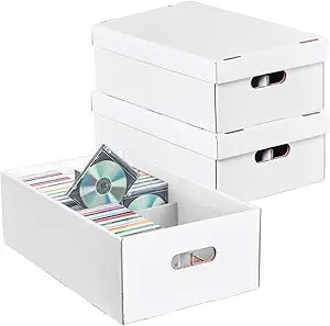 NUMINA 3 Pack CD Storage Box, Holds 240 CDs Total (80 Each) with Lift-Off Lid, Heavy Duty Cardboard CD Organizer with 4 Sections for Jewel Cases, CD Collection & Media Storage